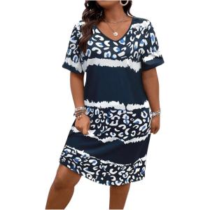 imageSOLY HUX Womens Plus Size Leopard Print V Neck Short Sleeve T Shirt Dress Summer Short DressesRoyal Blue Print