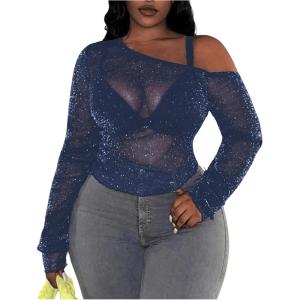 imageSOLY HUX Womens Plus Size T Shirts See Through Sheer Tops Off The Shoulder Long Sleeve Sexy Sparkly TeePlain Dark Blue