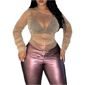 imageSOLY HUX Womens Plus Size T Shirts See Through Sheer Tops Off The Shoulder Long Sleeve Sexy Sparkly TeePlain Khaki