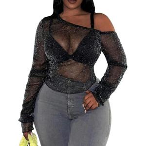 imageSOLY HUX Womens Plus Size T Shirts See Through Sheer Tops Off The Shoulder Long Sleeve Sexy Sparkly TeePure Black