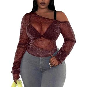 imageSOLY HUX Womens Plus Size T Shirts See Through Sheer Tops Off The Shoulder Long Sleeve Sexy Sparkly TeeSolid Burgundy