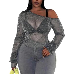 imageSOLY HUX Womens Plus Size T Shirts See Through Sheer Tops Off The Shoulder Long Sleeve Sexy Sparkly TeeSolid Silver