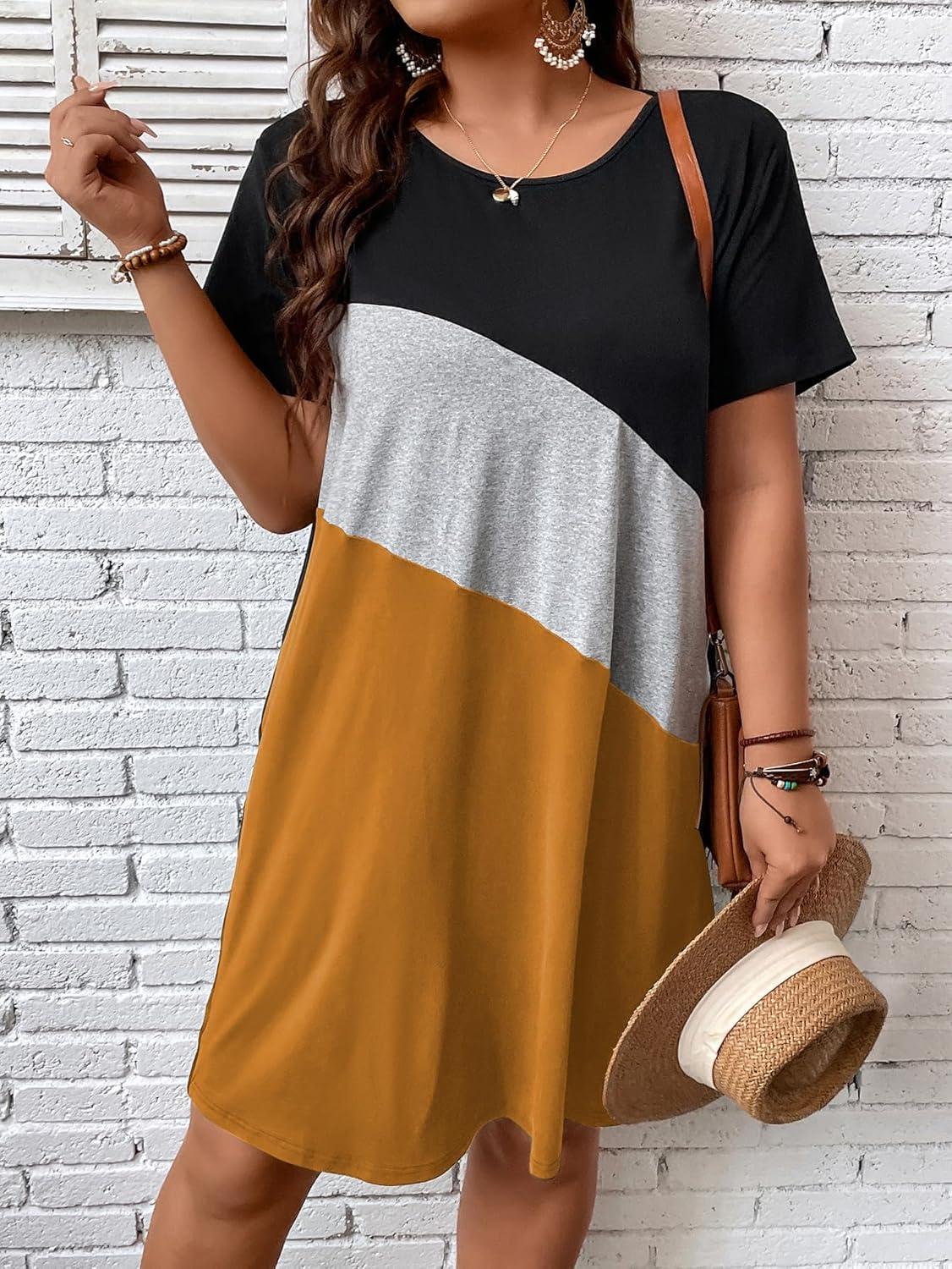 imageSOLY HUX Womens Plus Size Dress Color Block Short Sleeve T Shirt Dress Casual Summer DressesBlack Colorblock