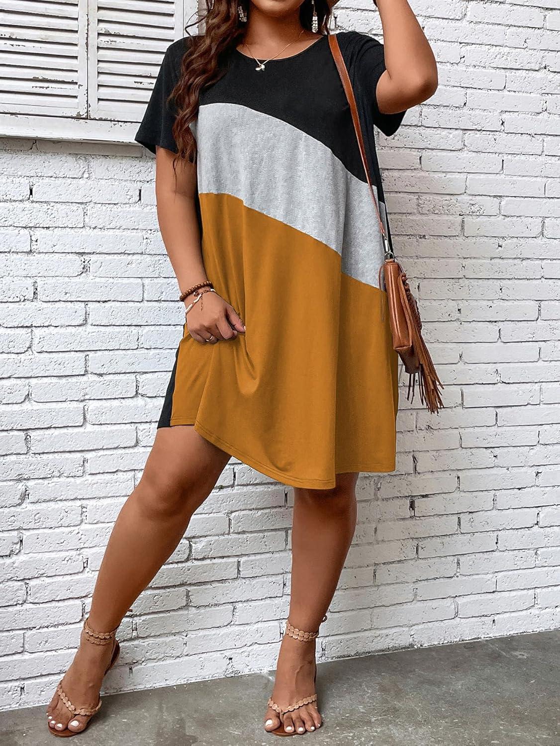 imageSOLY HUX Womens Plus Size Dress Color Block Short Sleeve T Shirt Dress Casual Summer DressesBlack Colorblock