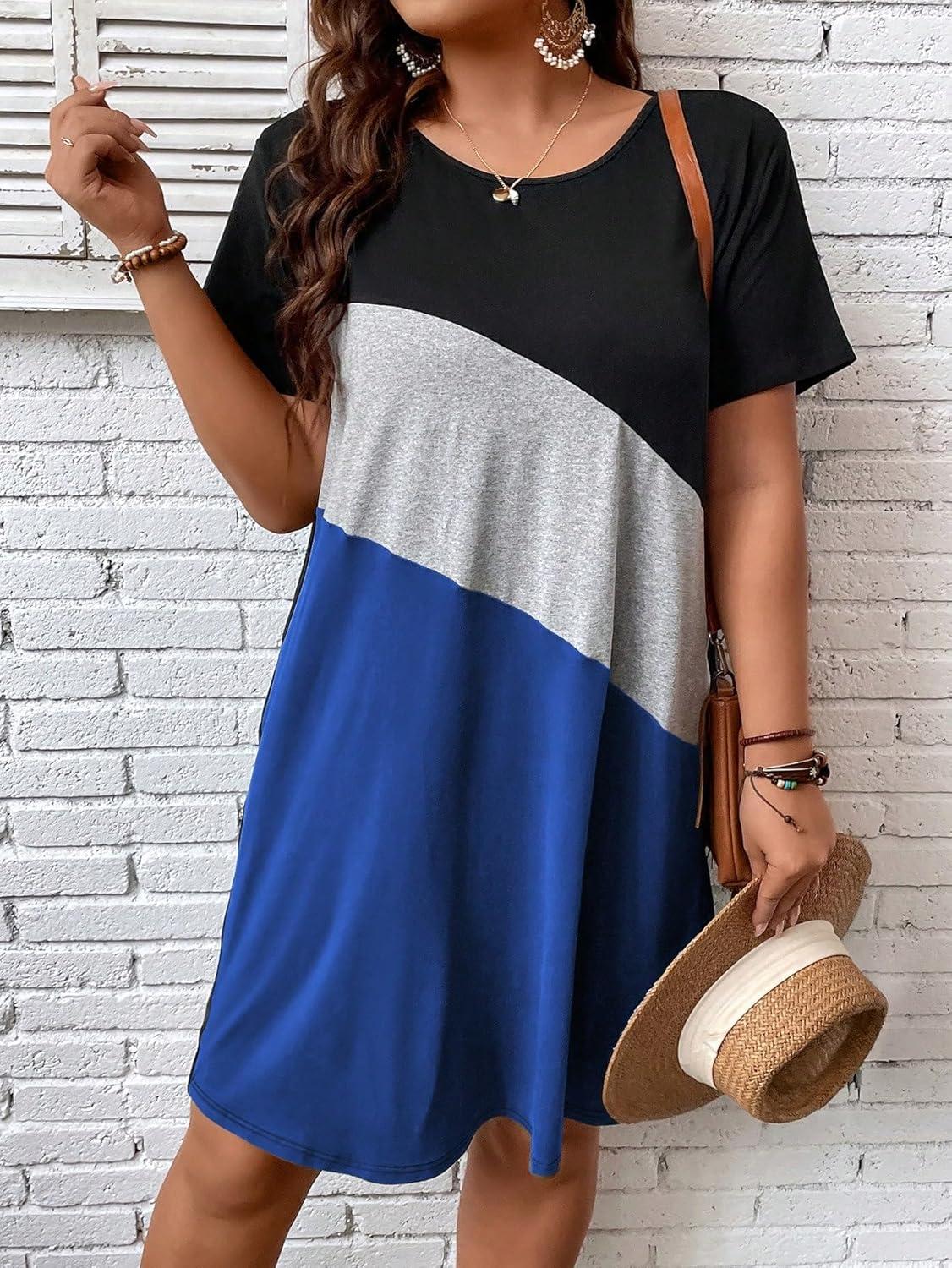 imageSOLY HUX Womens Plus Size Dress Color Block Short Sleeve T Shirt Dress Casual Summer DressesBlue Colorblock