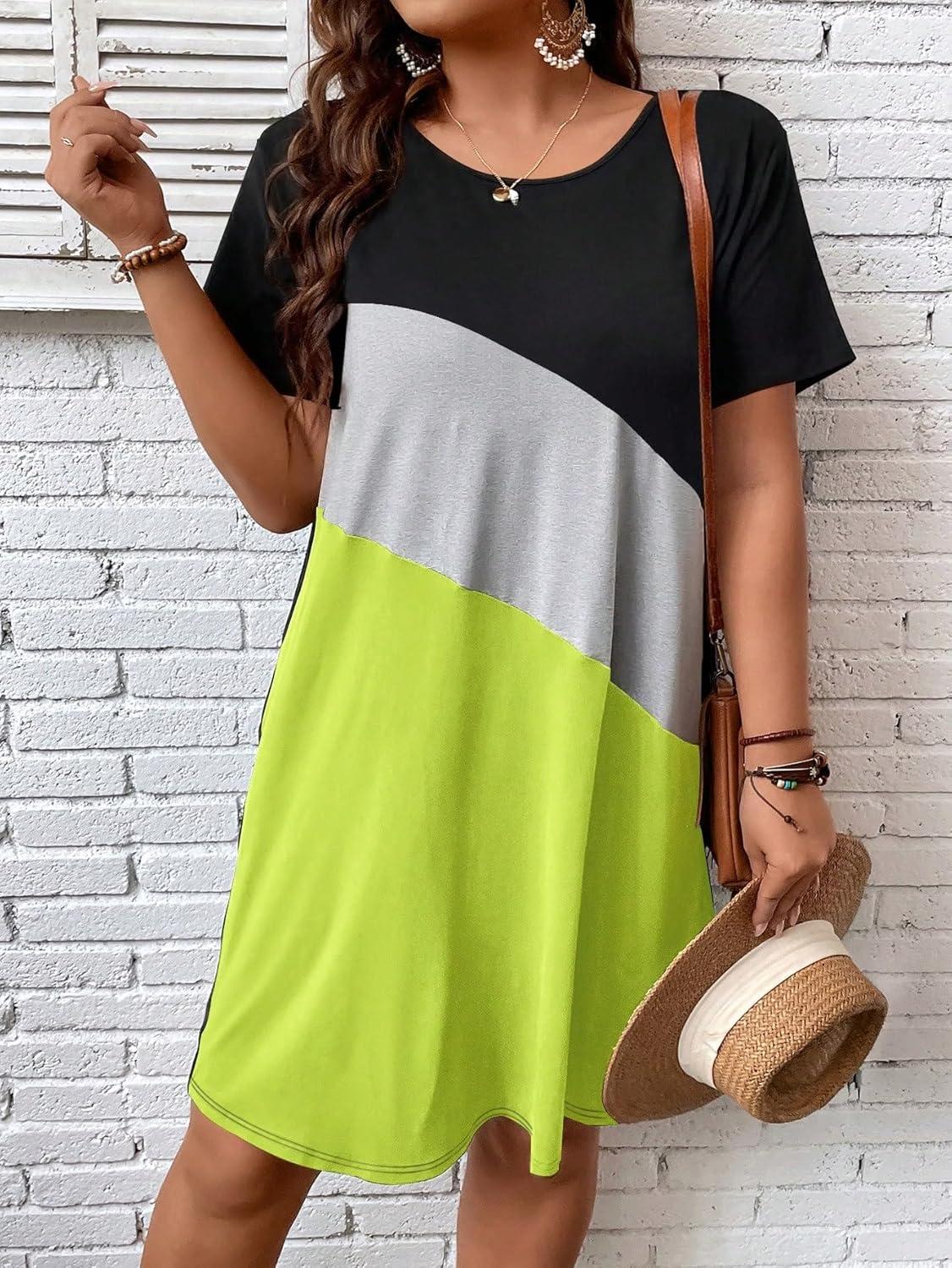 imageSOLY HUX Womens Plus Size Dress Color Block Short Sleeve T Shirt Dress Casual Summer DressesBright Green Colorblock