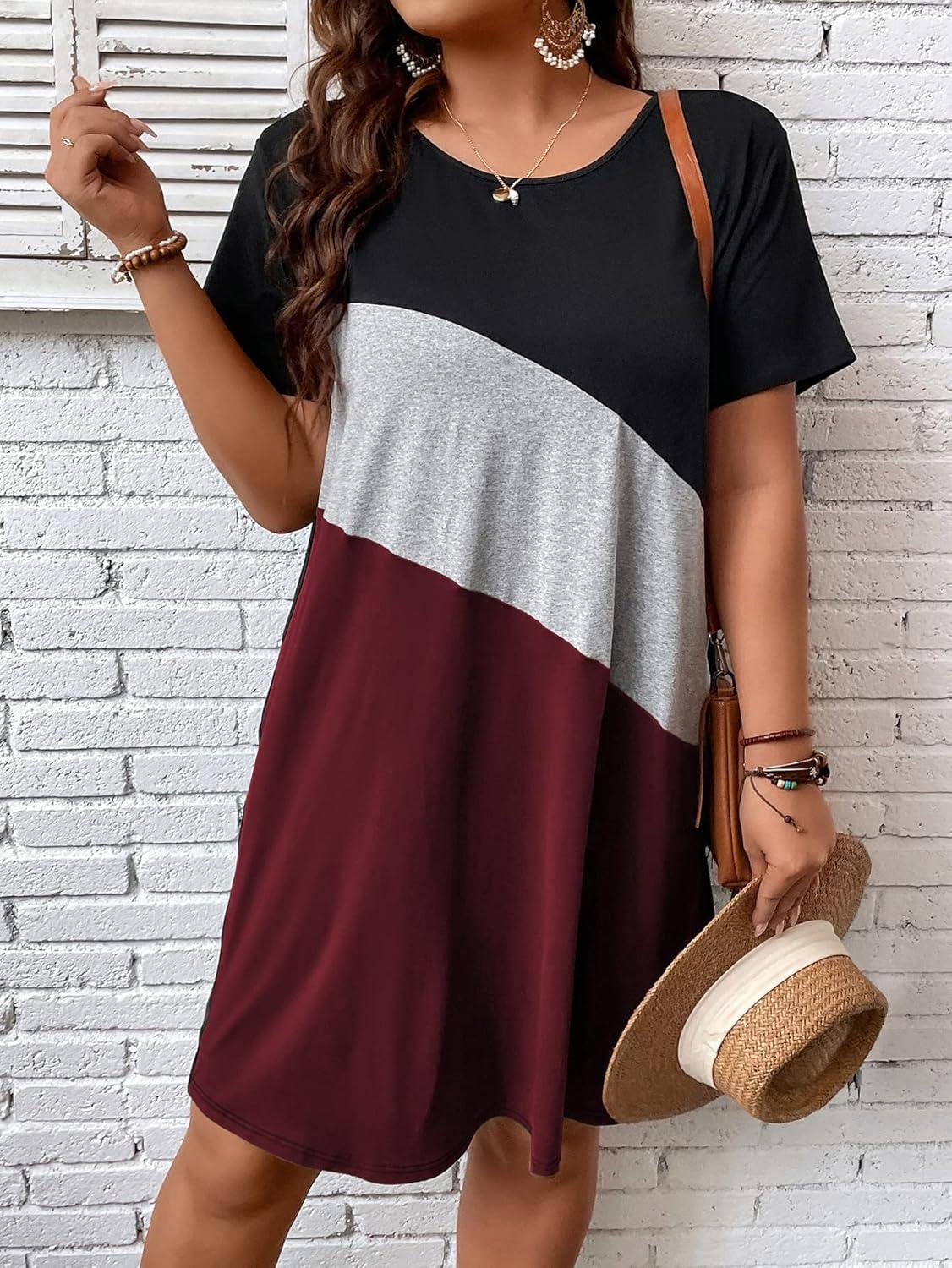 imageSOLY HUX Womens Plus Size Dress Color Block Short Sleeve T Shirt Dress Casual Summer DressesBurgundy Colorblock