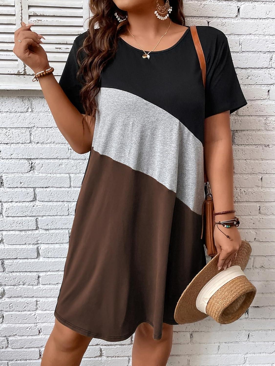 imageSOLY HUX Womens Plus Size Dress Color Block Short Sleeve T Shirt Dress Casual Summer DressesCoffee Brown Colorblock