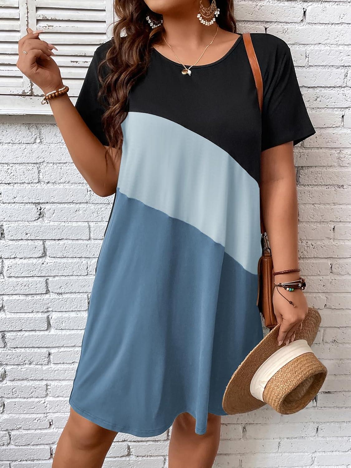 imageSOLY HUX Womens Plus Size Dress Color Block Short Sleeve T Shirt Dress Casual Summer DressesColorblock Blue