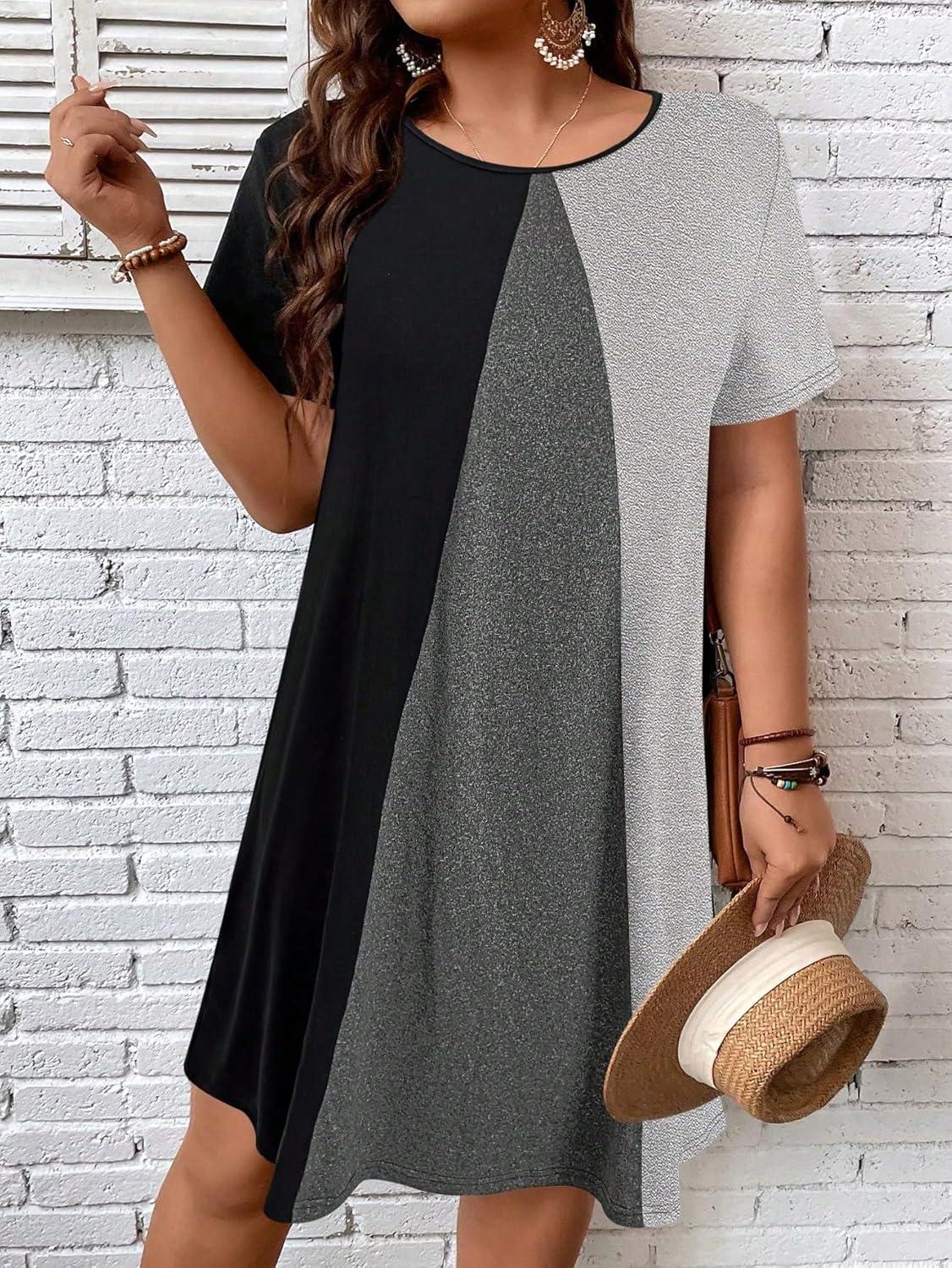 imageSOLY HUX Womens Plus Size Dress Color Block Short Sleeve T Shirt Dress Casual Summer DressesColorblock Grey