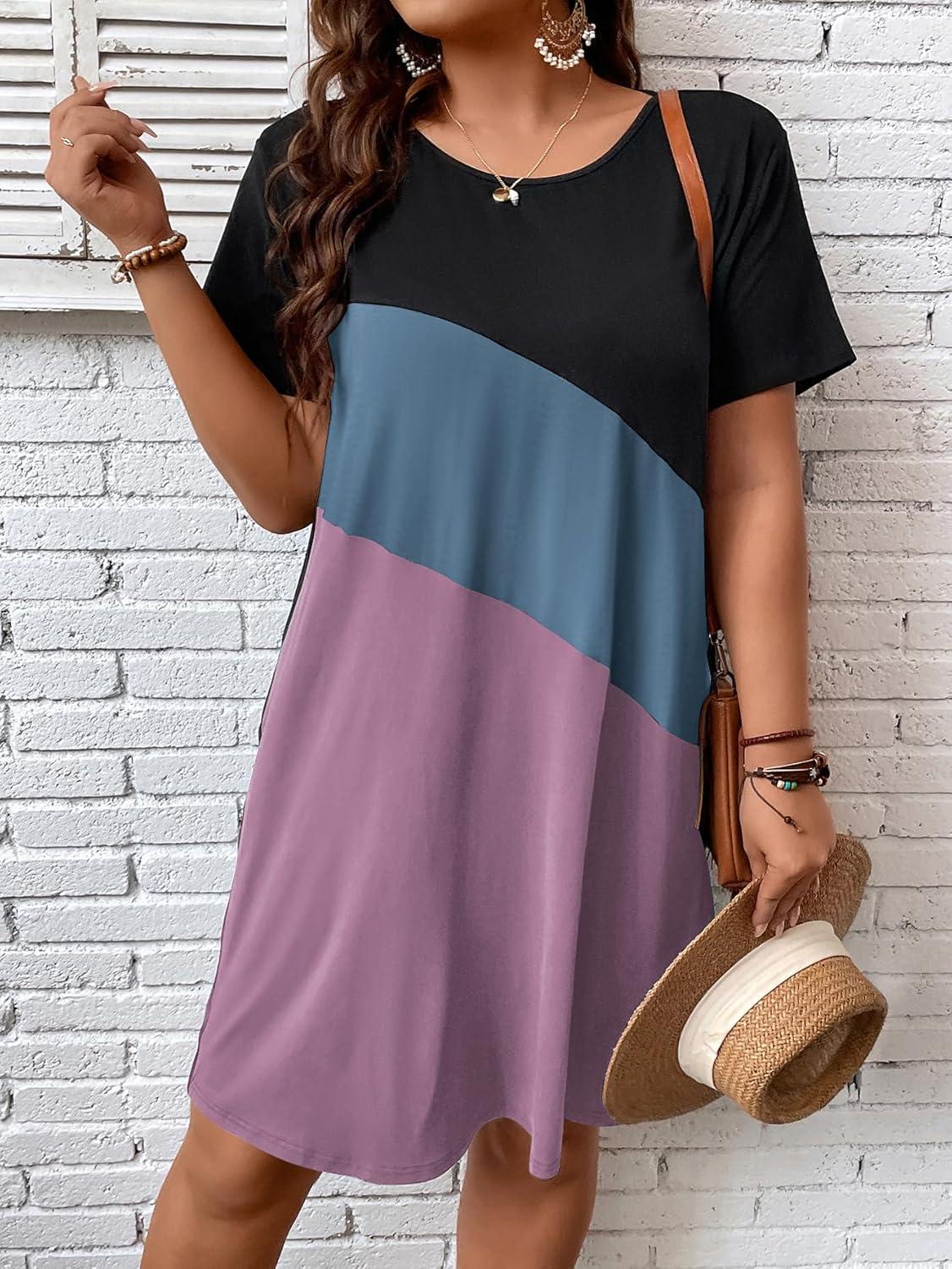 imageSOLY HUX Womens Plus Size Dress Color Block Short Sleeve T Shirt Dress Casual Summer DressesColorblock Pink