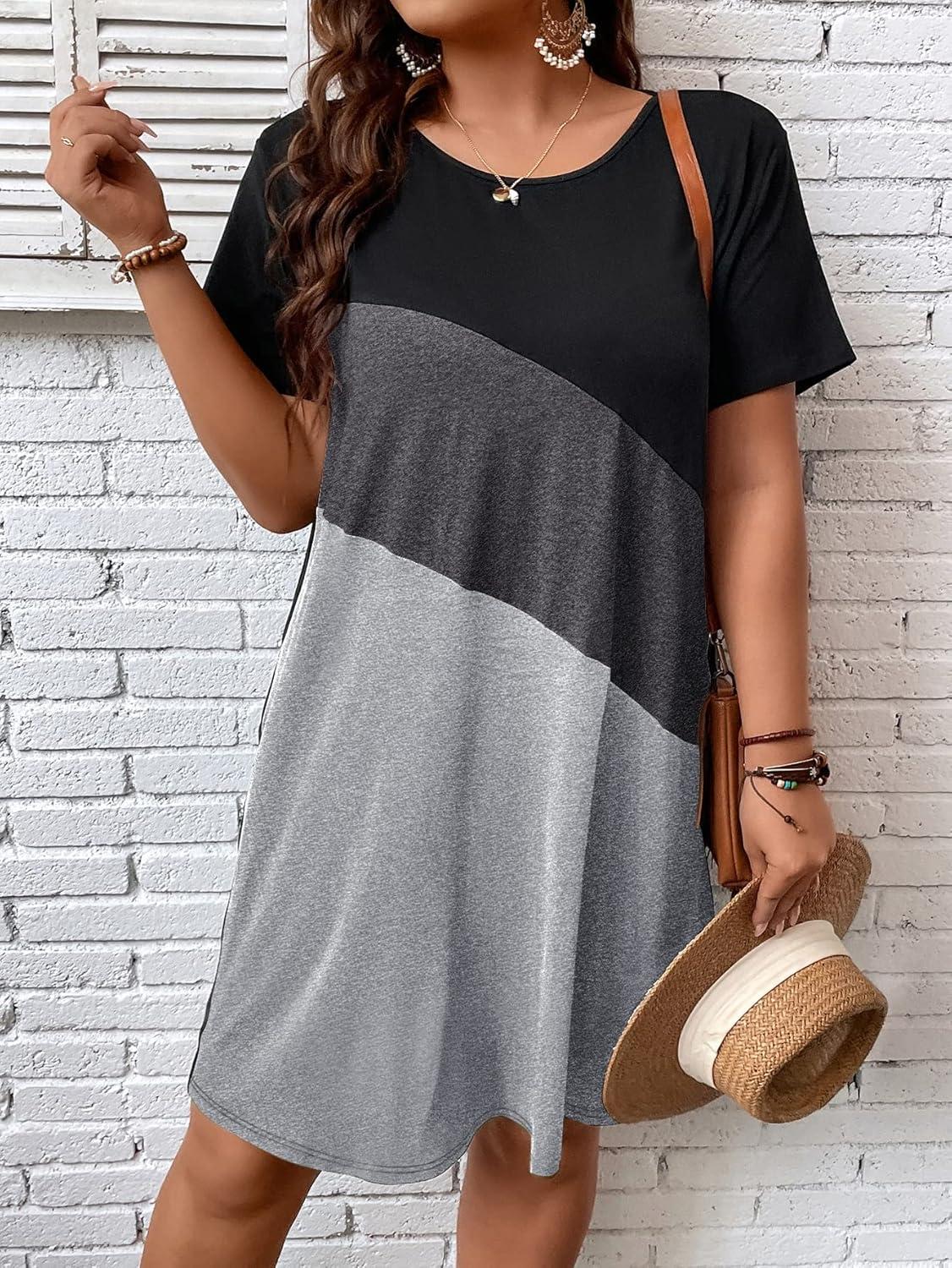 imageSOLY HUX Womens Plus Size Dress Color Block Short Sleeve T Shirt Dress Casual Summer DressesGrey Colorblock