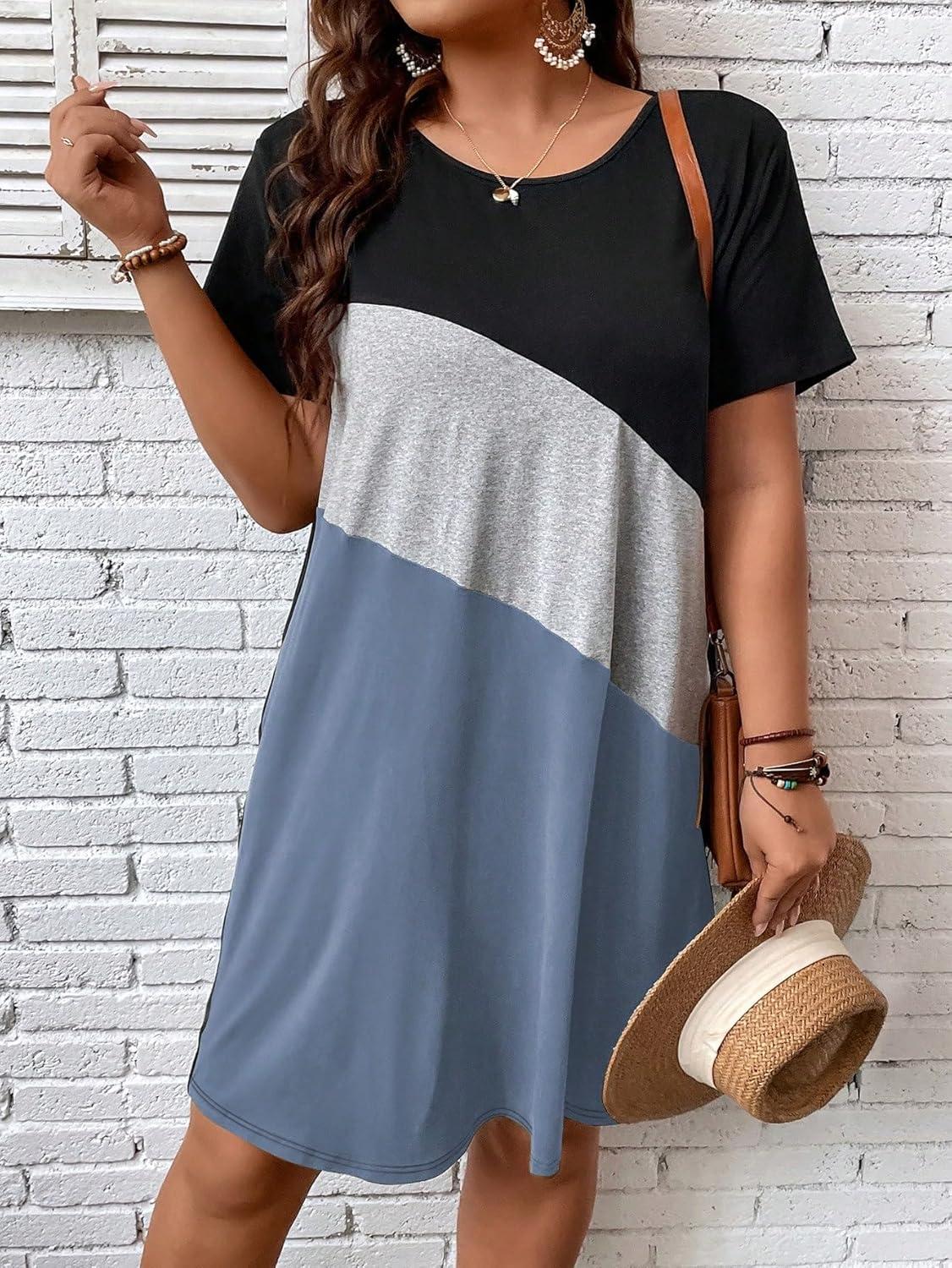 imageSOLY HUX Womens Plus Size Dress Color Block Short Sleeve T Shirt Dress Casual Summer DressesHaze Blue Colorblock