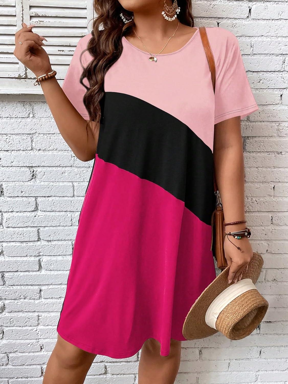 imageSOLY HUX Womens Plus Size Dress Color Block Short Sleeve T Shirt Dress Casual Summer DressesHot Pink Colorblock