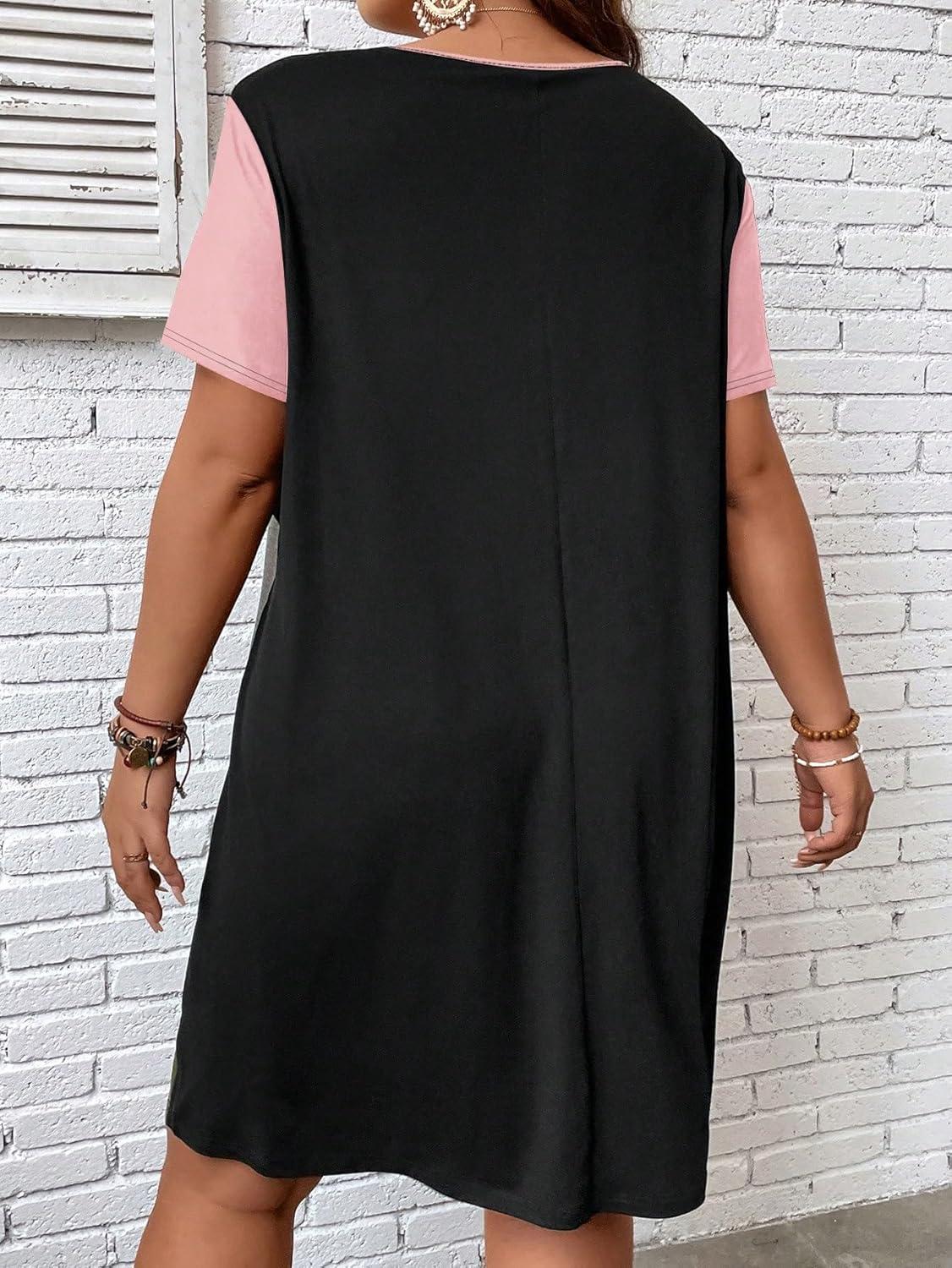 imageSOLY HUX Womens Plus Size Dress Color Block Short Sleeve T Shirt Dress Casual Summer DressesHot Pink Colorblock