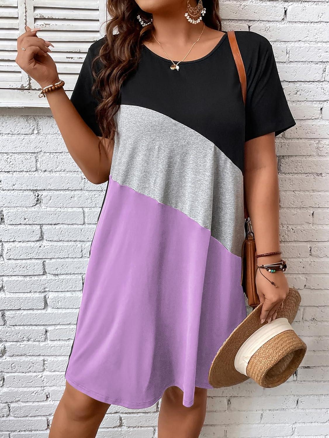 imageSOLY HUX Womens Plus Size Dress Color Block Short Sleeve T Shirt Dress Casual Summer DressesLilac Purple Colorblock
