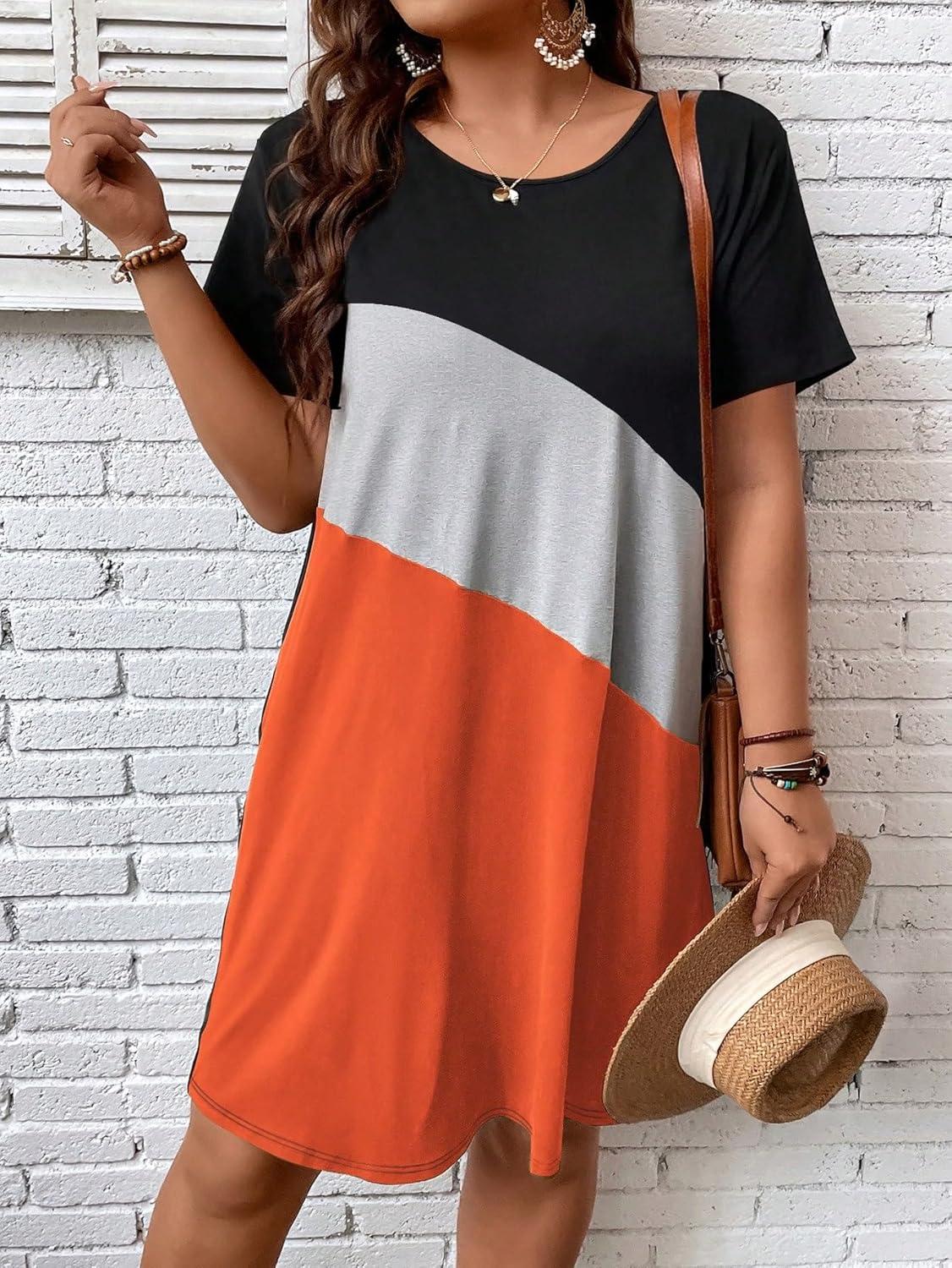 imageSOLY HUX Womens Plus Size Dress Color Block Short Sleeve T Shirt Dress Casual Summer DressesOrange Colorblock