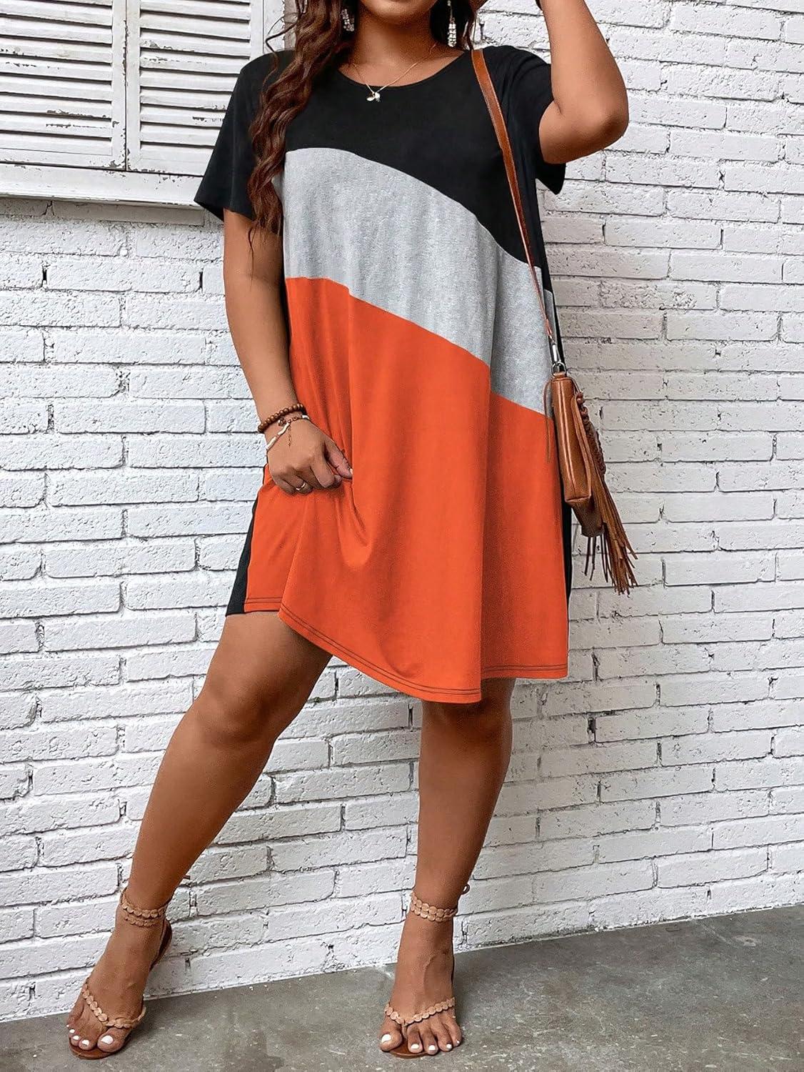 imageSOLY HUX Womens Plus Size Dress Color Block Short Sleeve T Shirt Dress Casual Summer DressesOrange Colorblock
