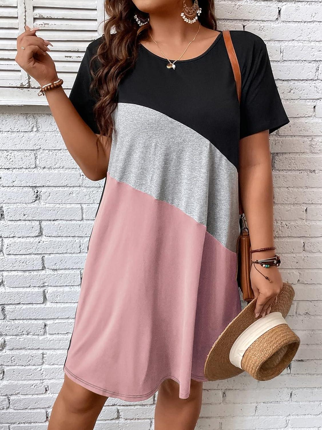 imageSOLY HUX Womens Plus Size Dress Color Block Short Sleeve T Shirt Dress Casual Summer DressesPink Colorblock