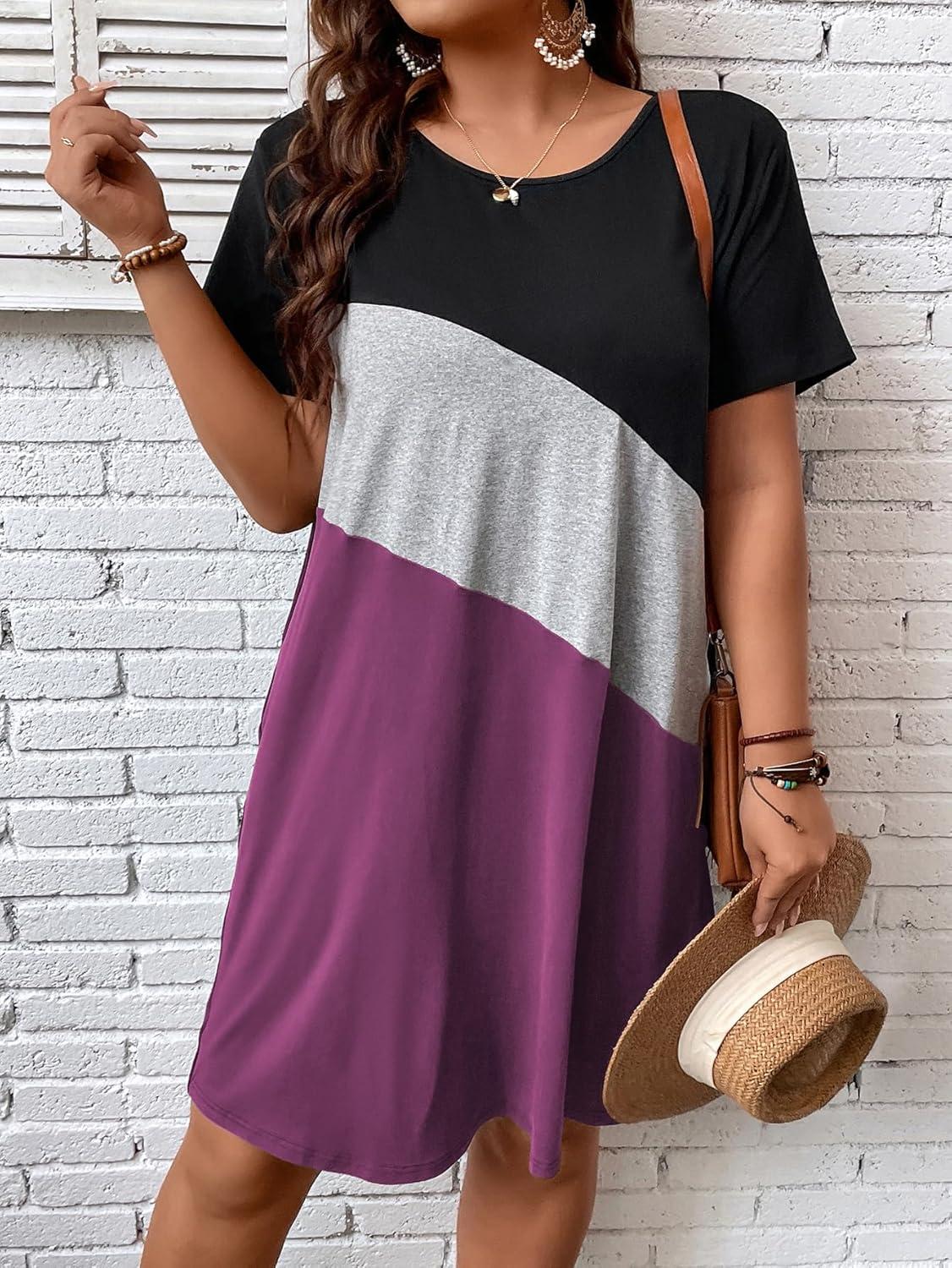 imageSOLY HUX Womens Plus Size Dress Color Block Short Sleeve T Shirt Dress Casual Summer DressesRed Violet Colorblock