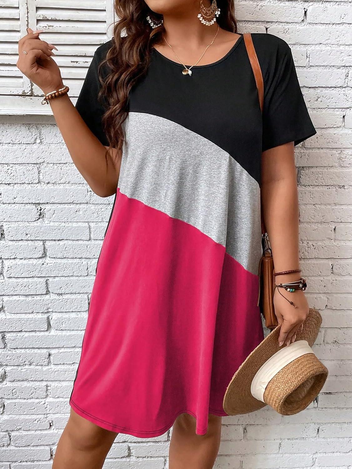 imageSOLY HUX Womens Plus Size Dress Color Block Short Sleeve T Shirt Dress Casual Summer DressesRose Red Colorblock