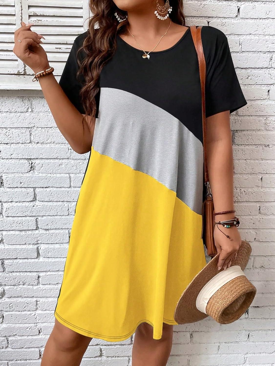 imageSOLY HUX Womens Plus Size Dress Color Block Short Sleeve T Shirt Dress Casual Summer DressesYellow Colorblock