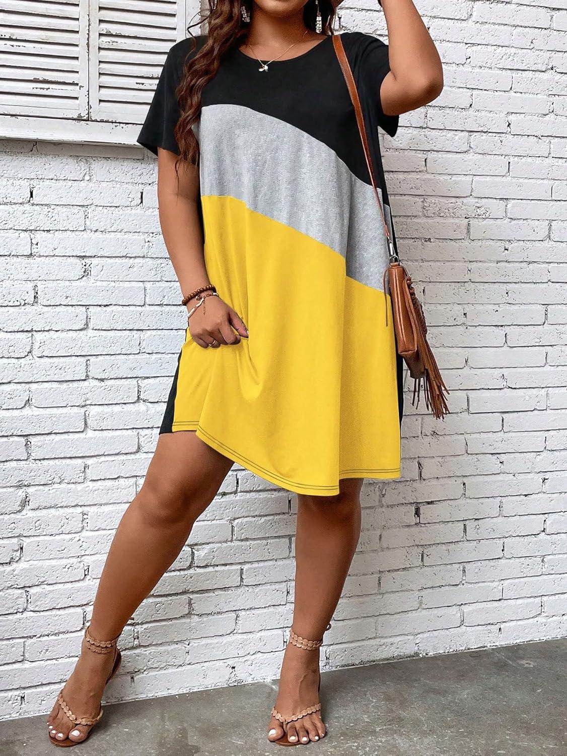 imageSOLY HUX Womens Plus Size Dress Color Block Short Sleeve T Shirt Dress Casual Summer DressesYellow Colorblock