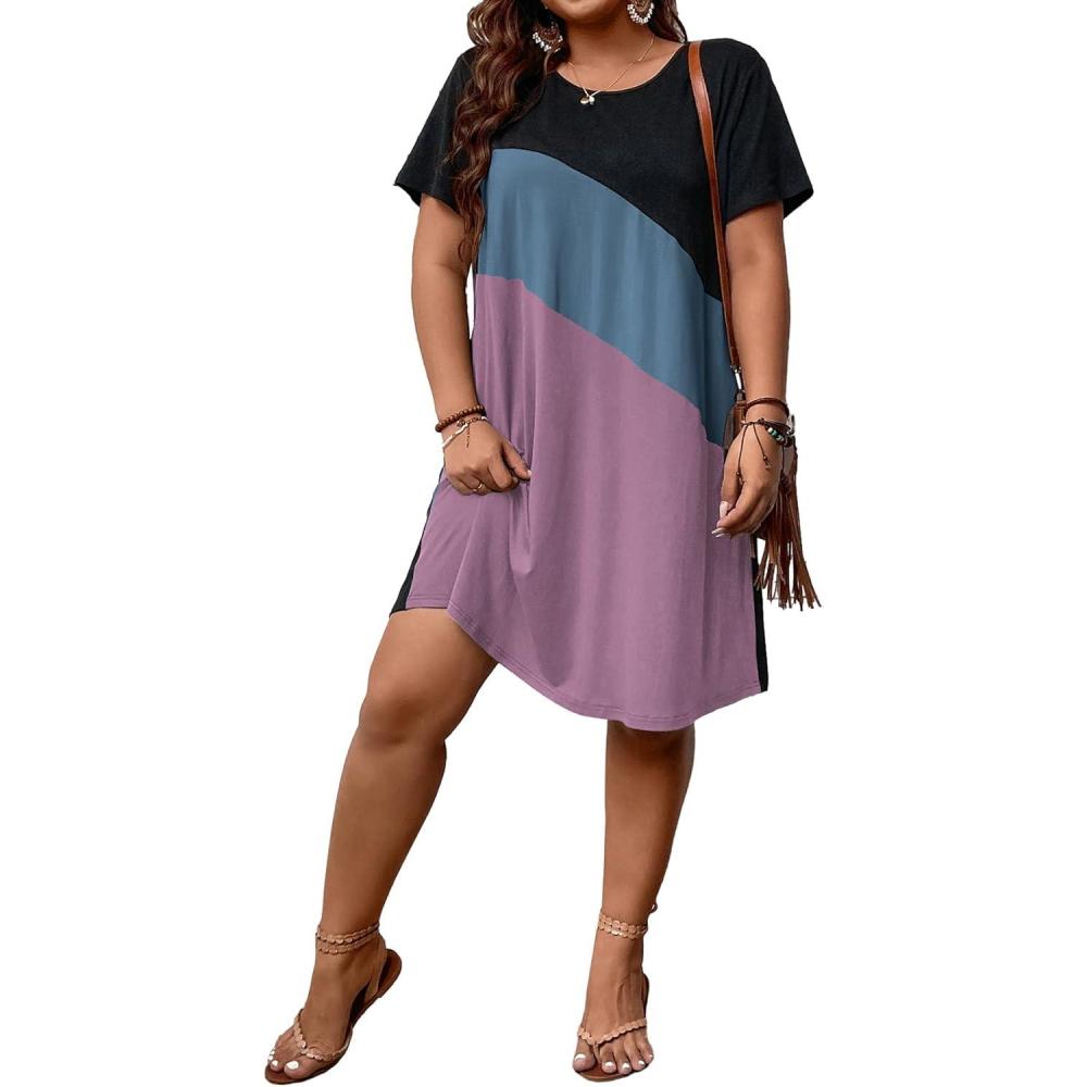imageSOLY HUX Womens Plus Size Dress Color Block Short Sleeve T Shirt Dress Casual Summer DressesColorblock Pink