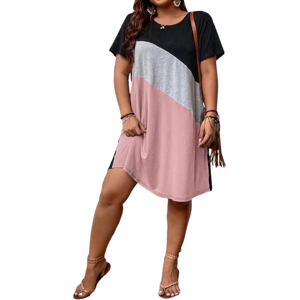 imageSOLY HUX Womens Plus Size Dress Color Block Short Sleeve T Shirt Dress Casual Summer DressesPink Colorblock