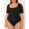 imageSOLY HUX Womens Plus Size Bodysuit Scoop Neck Short Sleeve T Shirts Skinny One Piece Bodysuit Summer Basic TopsSolid Black