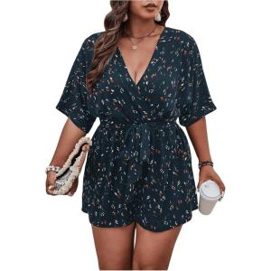 imageSOLY HUX Womens Plus Size Allover Print Romper V Neck Wrap Half Sleeve Belted Summer Short JumpsuitDark Blue Print