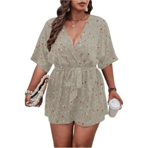imageSOLY HUX Womens Plus Size Allover Print Romper V Neck Wrap Half Sleeve Belted Summer Short JumpsuitLight Grey Print