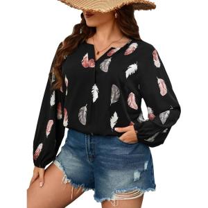 imageSOLY HUX Womens Plus Size Allover Printed Notched V Neck Long Sleeve Casual Blouse TopsBlack Feather Print