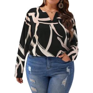 imageSOLY HUX Womens Plus Size Allover Printed Notched V Neck Long Sleeve Casual Blouse TopsBlack Print