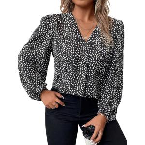 imageSOLY HUX Womens Plus Size Allover Printed Notched V Neck Long Sleeve Casual Blouse TopsBlack and White Print