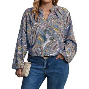 imageSOLY HUX Womens Plus Size Allover Printed Notched V Neck Long Sleeve Casual Blouse TopsBlue Paisley