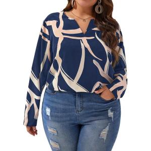 imageSOLY HUX Womens Plus Size Allover Printed Notched V Neck Long Sleeve Casual Blouse TopsBlue Print