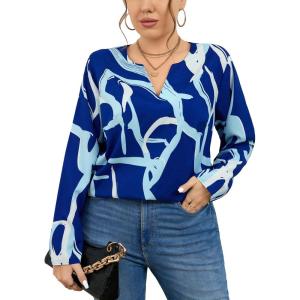 imageSOLY HUX Womens Plus Size Allover Printed Notched V Neck Long Sleeve Casual Blouse TopsBlue Printed