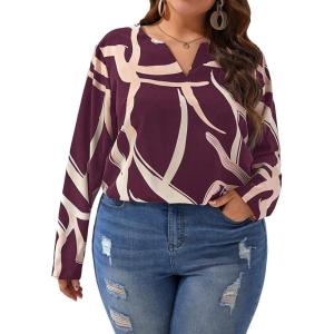 imageSOLY HUX Womens Plus Size Allover Printed Notched V Neck Long Sleeve Casual Blouse TopsBurgundy Print