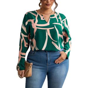 imageSOLY HUX Womens Plus Size Allover Printed Notched V Neck Long Sleeve Casual Blouse TopsDark Green Print
