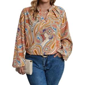 imageSOLY HUX Womens Plus Size Allover Printed Notched V Neck Long Sleeve Casual Blouse TopsMulticolor Floral Print