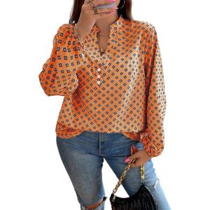 imageSOLY HUX Womens Plus Size Allover Printed Notched V Neck Long Sleeve Casual Blouse TopsOrange Printed Multicoloured