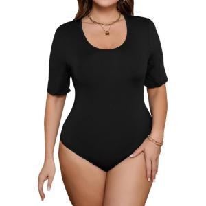 imageSOLY HUX Womens Plus Size Bodysuit Scoop Neck Short Sleeve T Shirts Skinny One Piece Bodysuit Summer Basic TopsBlack Plain