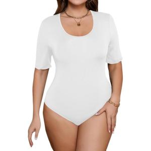 imageSOLY HUX Womens Plus Size Bodysuit Scoop Neck Short Sleeve T Shirts Skinny One Piece Bodysuit Summer Basic TopsPlain White