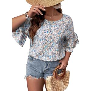 imageSOLY HUX Womens Plus Size Ditsy Floral Print Blouse Ruffle Half Sleeve Summer TopsApricot Ditsy Floral