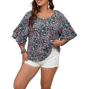 imageSOLY HUX Womens Plus Size Ditsy Floral Print Blouse Ruffle Half Sleeve Summer TopsBlack Floral