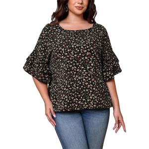 imageSOLY HUX Womens Plus Size Ditsy Floral Print Blouse Ruffle Half Sleeve Summer TopsBlack Floral Print