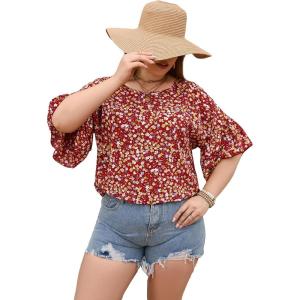 imageSOLY HUX Womens Plus Size Ditsy Floral Print Blouse Ruffle Half Sleeve Summer TopsBurgundy Floral