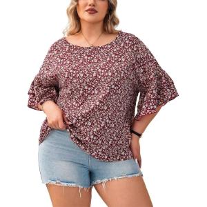 imageSOLY HUX Womens Plus Size Ditsy Floral Print Blouse Ruffle Half Sleeve Summer TopsBurgundy Floral Print