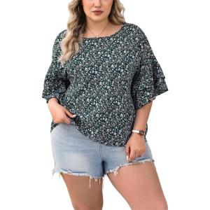 imageSOLY HUX Womens Plus Size Ditsy Floral Print Blouse Ruffle Half Sleeve Summer TopsDark Green Floral